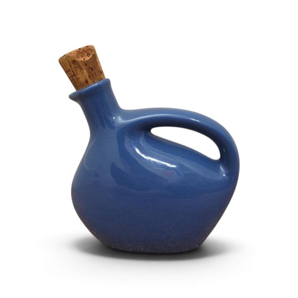Vintage Cornflower Blue Ceramic Whiskey Decanter Jug Bottle w/ Cork Handle